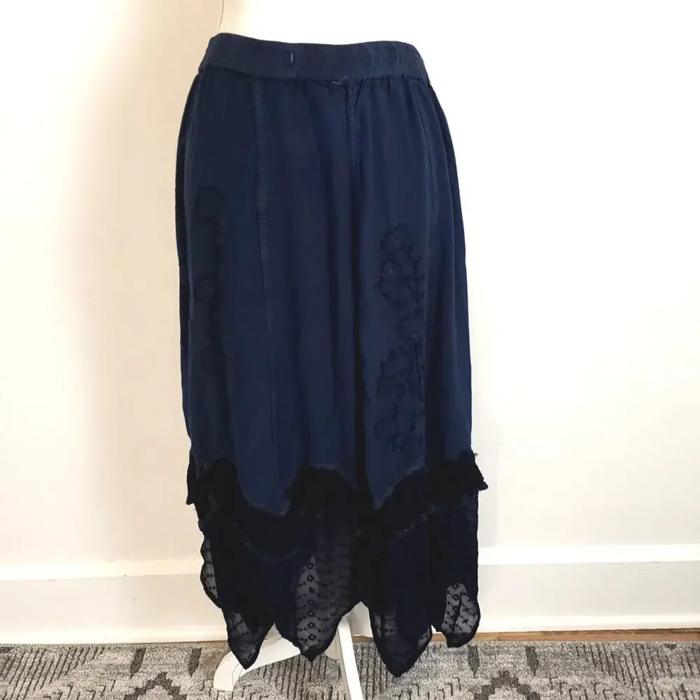 Blue Embroidered Handkerchief Hem Maxi Skirt One Size Boho Rayon